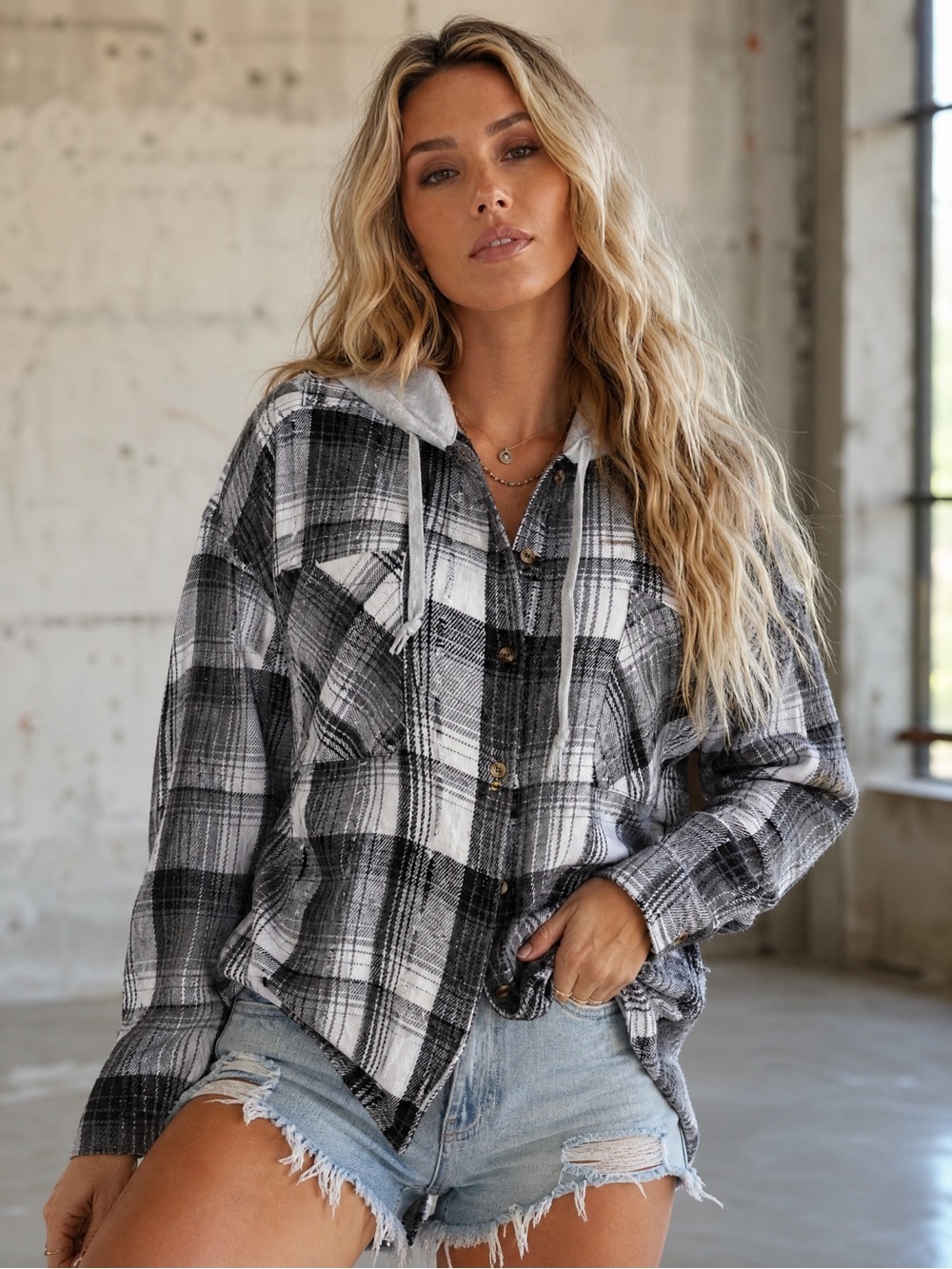 NWT Very J Distressed Button Down 90’s Grunge Flannel Hoodie Plaid Hooded Jacket - Picture 6 of 8